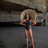 SOLANA Oversized Striped Straw Hat in Black & Natural